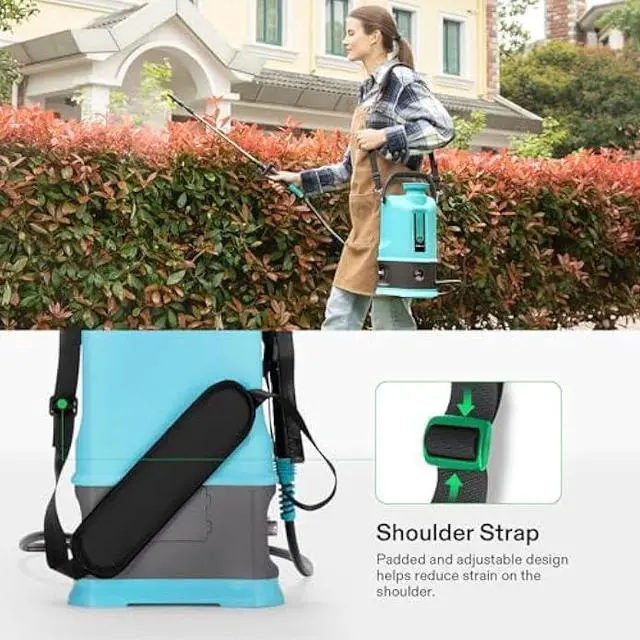 Alt view image 6 of 7 - Battery Powered Sprayer, 2.1Gallon/8L Electric Pump Sprayer with Six Nozzles, Adjustable Shoulder Strap and Spray Wand for Garden, Lawn and Other Cleaning, Blue