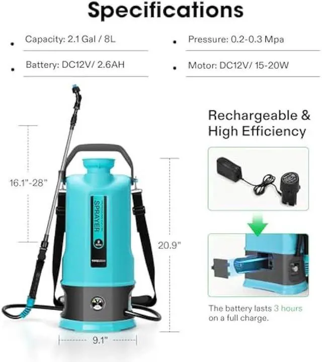 Alt view image 7 of 7 - Battery Powered Sprayer, 2.1Gallon/8L Electric Pump Sprayer with Six Nozzles, Adjustable Shoulder Strap and Spray Wand for Garden, Lawn and Other Cleaning, Blue
