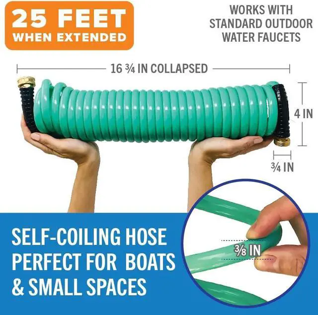 Alt view image 2 of 7 - 25FT Coiled Boat Hose, Expandable Coil Water Hose, Marine Grade 3/4 Inch Connectors, Perfect for RV Wash, Garden, and Marine Washdown, Self-Recoil Design, 25 Foot Length