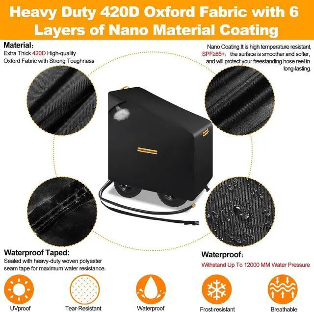 Alt view image 3 of 7 - Garden Hose Reel Cart Cover,420D Heavy Duty Hosepipes Cover for Garden with Air Vent,Waterproof Strip,2 Reflective Strip Handles,Univeral Outdoor Protective Hose Holder Cover,All Season Protection