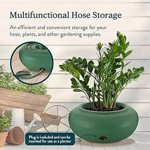 Alt view image 4 of 7 - The HC Companies RZ.GH210DF1C001LRDJH 21 Inch Diameter Lightweight Garden Hose Storage Pot for 75-100 Ft Hoses, Pairs w/Terrazzo Series Pots, Green, Grassy Green