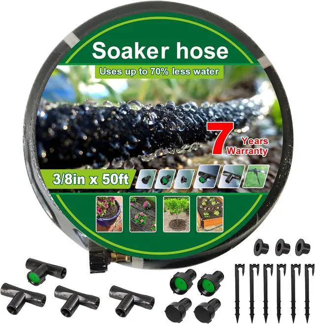Main image of Soaker Hose Kit 3/8 inch x 50ft - Heavy Duty Garden Hose, Irrigation Rubber Weeping Hose with Reinforced Fittings for Raised Garden Flower Bed, Lawn and Plants.