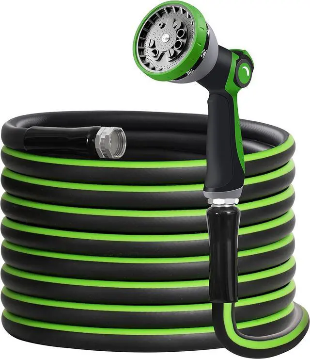 Main image of Heavy Duty Garden Hose 5/8" Super Flexible Water Hose with 10 Function Sprayer Nozzle 3/4" Solid Fittings Leakproof Hose 450 Burst PSI Watering Pipe Car Wash (25FT, Black+Green)