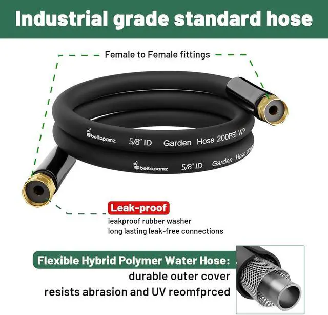 Alt view image 2 of 6 - Short Garden Hose 10 ft x 5/8 in Female to Female, Heavy Duty Small Water Hose Extender Connector, Leakproof Hybrid Rubber Leader Hose with Double Female Fittings, Drinking Water Safe, Black