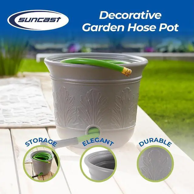 Alt view image 2 of 7 - Suncast 2 Pack 300 Foot Heavy Duty 5 Gallon Decorative Plastic Hose Pot for Expandable and Lightweight Hoses, Ideal for Garden, Patio and Backyard Use