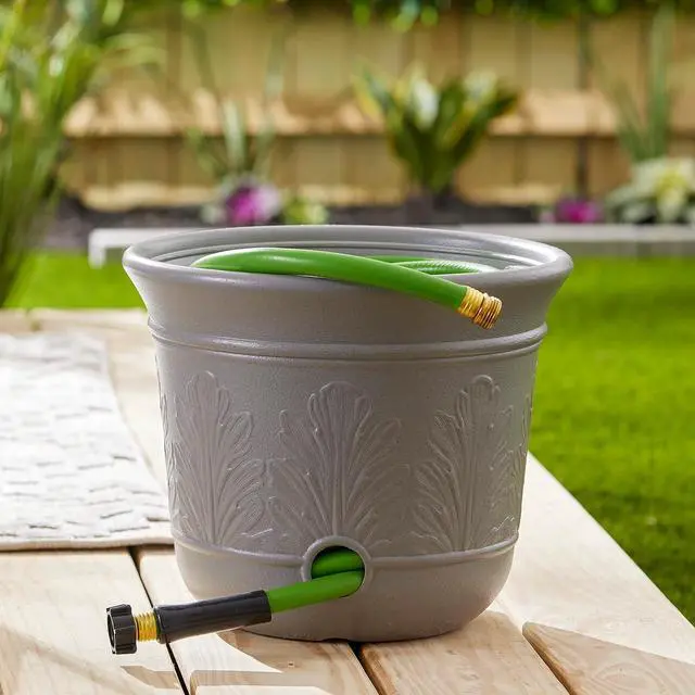 Alt view image 4 of 7 - Suncast 2 Pack 300 Foot Heavy Duty 5 Gallon Decorative Plastic Hose Pot for Expandable and Lightweight Hoses, Ideal for Garden, Patio and Backyard Use