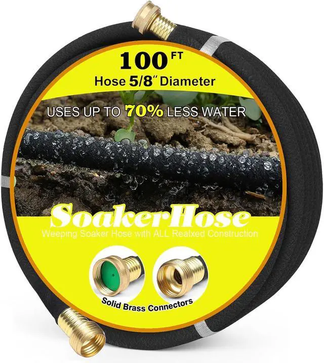 Main image of Soaker Hose 100FT 5/8" Diameter for Garden Beds Solid Brass Interface Irrigation Save 70% Water Heavy Duty Rubber Great for gardens/flower beds