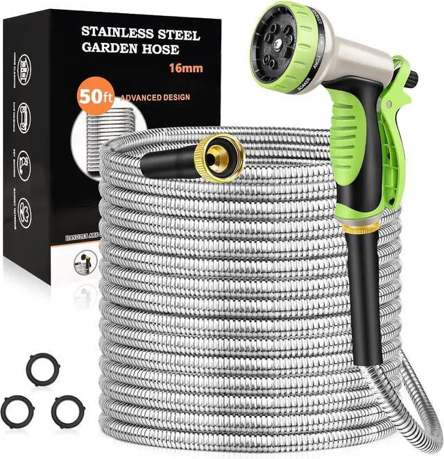 Main image of GOXAWEE Garden Hose 50FT, Stainless Steel Heavy Duty Water Hose With 10 Function Nozzle, No-Kink, Tough & Flexible, Sturdy and Lightweight, Rust Proof for Yard, Outdoor, RV