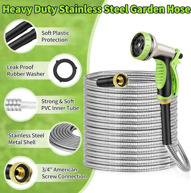 Alt view image 2 of 7 - GOXAWEE Garden Hose 50FT, Stainless Steel Heavy Duty Water Hose With 10 Function Nozzle, No-Kink, Tough & Flexible, Sturdy and Lightweight, Rust Proof for Yard, Outdoor, RV