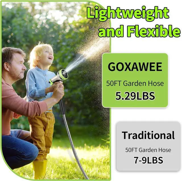 Alt view image 3 of 7 - GOXAWEE Garden Hose 50FT, Stainless Steel Heavy Duty Water Hose With 10 Function Nozzle, No-Kink, Tough & Flexible, Sturdy and Lightweight, Rust Proof for Yard, Outdoor, RV