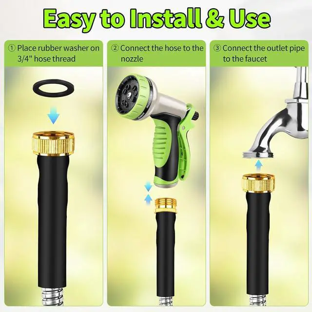Alt view image 7 of 7 - GOXAWEE Garden Hose 50FT, Stainless Steel Heavy Duty Water Hose With 10 Function Nozzle, No-Kink, Tough & Flexible, Sturdy and Lightweight, Rust Proof for Yard, Outdoor, RV
