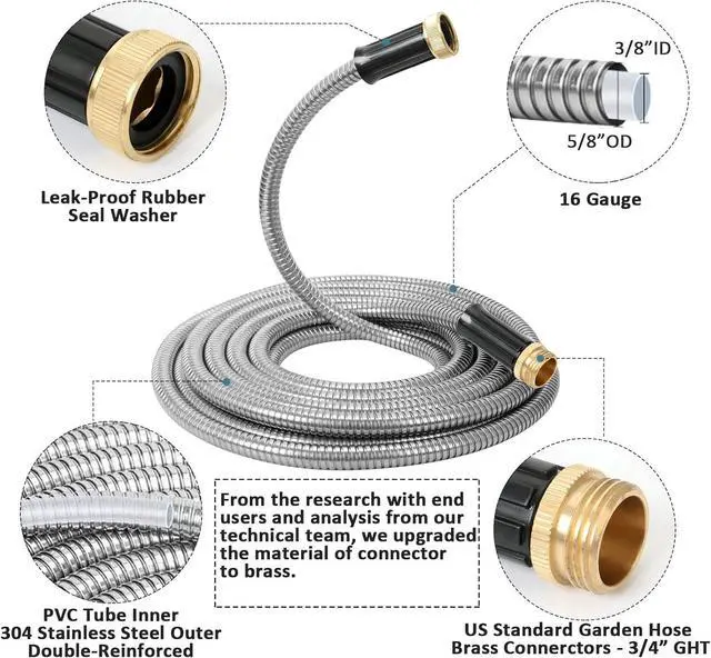 Alt view image 3 of 5 - STYDDI Metal Garden Hose, 25 Foot 304-Stainless Steel Garden Hoses with Solid Brass Fitting and Jet Sprayer Nozzle for Outdoor Yard, No Kink and Puncture Proof, Lightweight, Durable, Heavy Duty