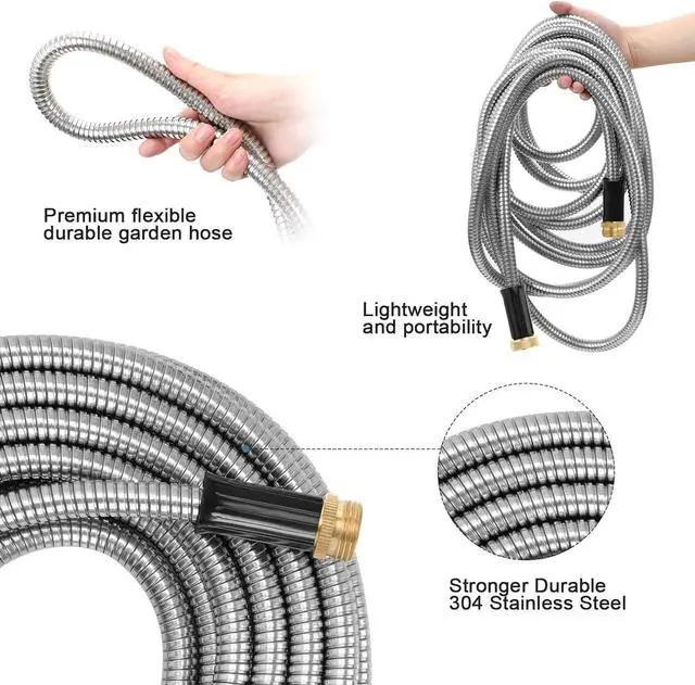 Alt view image 4 of 5 - STYDDI Metal Garden Hose, 25 Foot 304-Stainless Steel Garden Hoses with Solid Brass Fitting and Jet Sprayer Nozzle for Outdoor Yard, No Kink and Puncture Proof, Lightweight, Durable, Heavy Duty