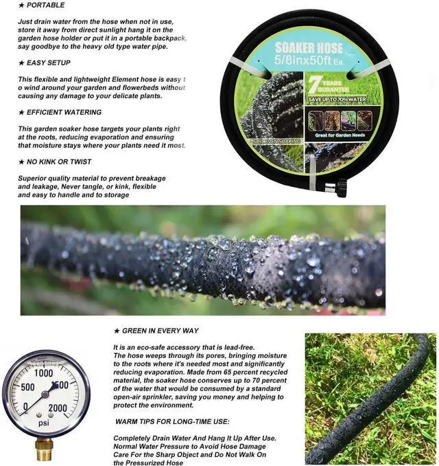 Alt view image 5 of 7 - Soaker Hose with Connector 5/8in Diameter 25FT 50FT Black Garden Water Hose Flower Bed and Lawn Lightweight Hose (50FT)
