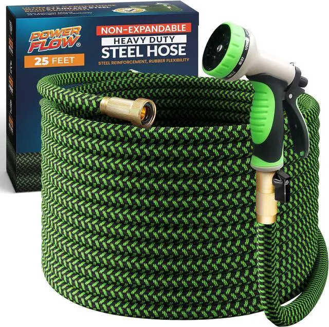 Main image of PowerFlow Garden Hose, NON-EXPANDABLE 25 Feet Premium Quality Stainless Steel Metal Water Hose with Durable Fabric Skin, Hose For Commercial, Residential Use, Bonus 10-way Spray Nozzle (25 Ft, Green)
