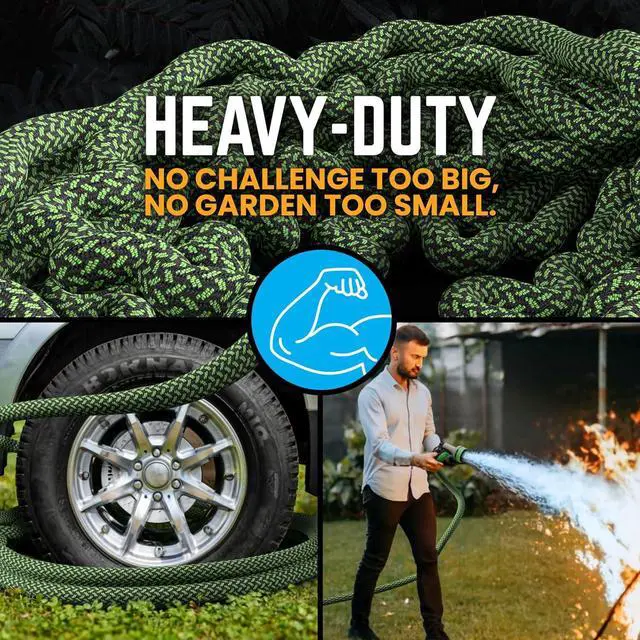 Alt view image 4 of 7 - PowerFlow Garden Hose, NON-EXPANDABLE 25 Feet Premium Quality Stainless Steel Metal Water Hose with Durable Fabric Skin, Hose For Commercial, Residential Use, Bonus 10-way Spray Nozzle (25 Ft, Green)