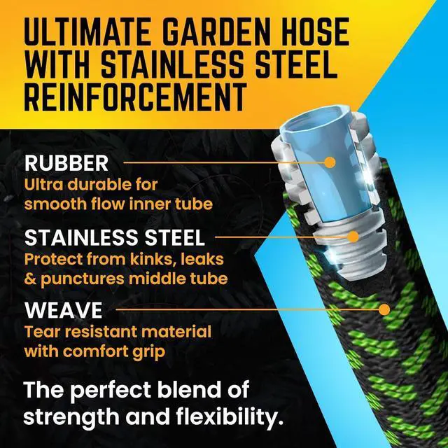 Alt view image 7 of 7 - PowerFlow Garden Hose, NON-EXPANDABLE 25 Feet Premium Quality Stainless Steel Metal Water Hose with Durable Fabric Skin, Hose For Commercial, Residential Use, Bonus 10-way Spray Nozzle (25 Ft, Green)