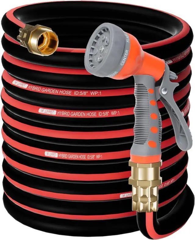 Main image of 50FT Heavy Duty Flexible Garden Hose,Outdoor Water Hose 5/8Inch with 7 Pattern Spray Nozzle,No Tangle Rubber Hose Car Washing Pipe with 3/4"100% Solid Brass Fittings