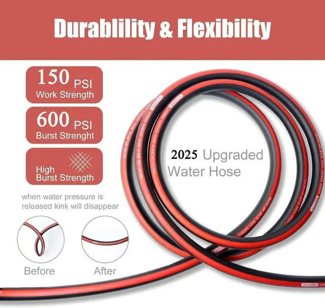 Alt view image 3 of 6 - 50FT Heavy Duty Flexible Garden Hose,Outdoor Water Hose 5/8Inch with 7 Pattern Spray Nozzle,No Tangle Rubber Hose Car Washing Pipe with 3/4"100% Solid Brass Fittings