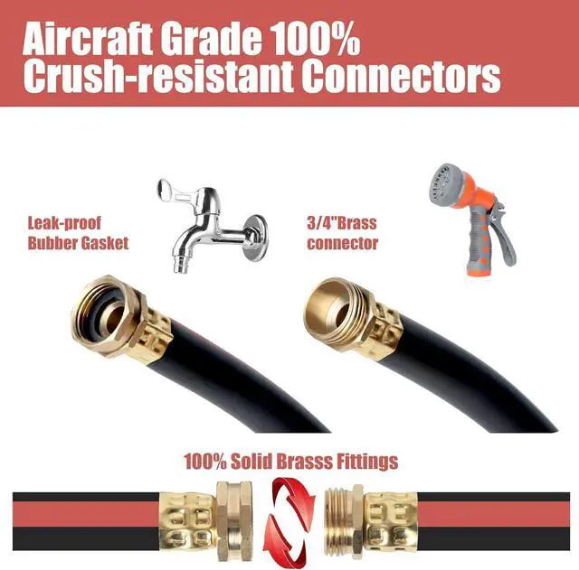 Alt view image 5 of 6 - 50FT Heavy Duty Flexible Garden Hose,Outdoor Water Hose 5/8Inch with 7 Pattern Spray Nozzle,No Tangle Rubber Hose Car Washing Pipe with 3/4"100% Solid Brass Fittings