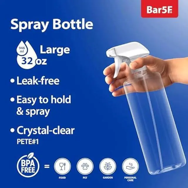 Alt view image 2 of 6 - Bar5F Plastic Spray Bottles with Mixor Trigger, 32 oz | Professional, Leak Proof, Empty, Adjustable Fine to Powerful Sprayer, Refillable | Water Plants, Cleaning Solutions | Crystal Clear | Pack of 3