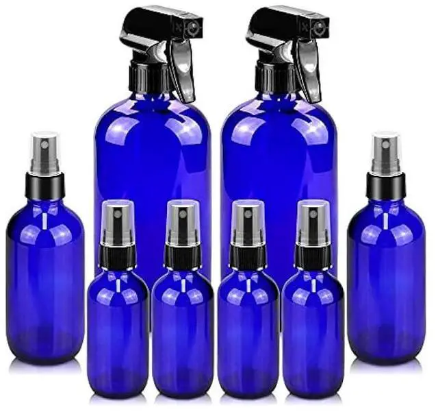 Main image of Glass Spray Bottles, 16oz*2+4oz*2+2oz*4 Refillable Containers, Empty Boston Round Bottles with Adjustable Nozzle for Cleaning, Gardening, Aromatherapy, Pets, Plant, Hair - Blue