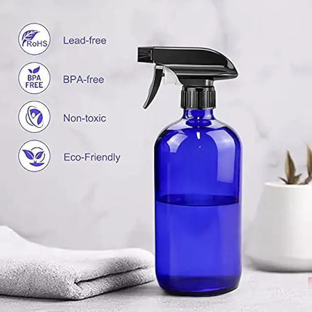 Alt view image 4 of 7 - Glass Spray Bottles, 16oz*2+4oz*2+2oz*4 Refillable Containers, Empty Boston Round Bottles with Adjustable Nozzle for Cleaning, Gardening, Aromatherapy, Pets, Plant, Hair - Blue