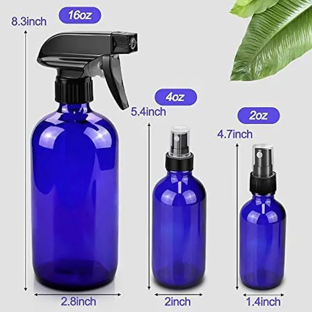 Alt view image 5 of 7 - Glass Spray Bottles, 16oz*2+4oz*2+2oz*4 Refillable Containers, Empty Boston Round Bottles with Adjustable Nozzle for Cleaning, Gardening, Aromatherapy, Pets, Plant, Hair - Blue