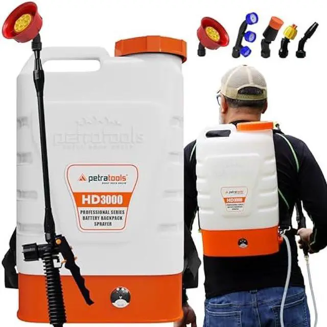 Main image of PetraTools 3 Gallon Battery Powered Backpack Sprayer in Lawn and Garden - HD3000 - Long Battery Life & Padded Straps for Comfort - Electric Sprayer w/ 5 Spray Nozzles & 80PSI (3 Gallon)