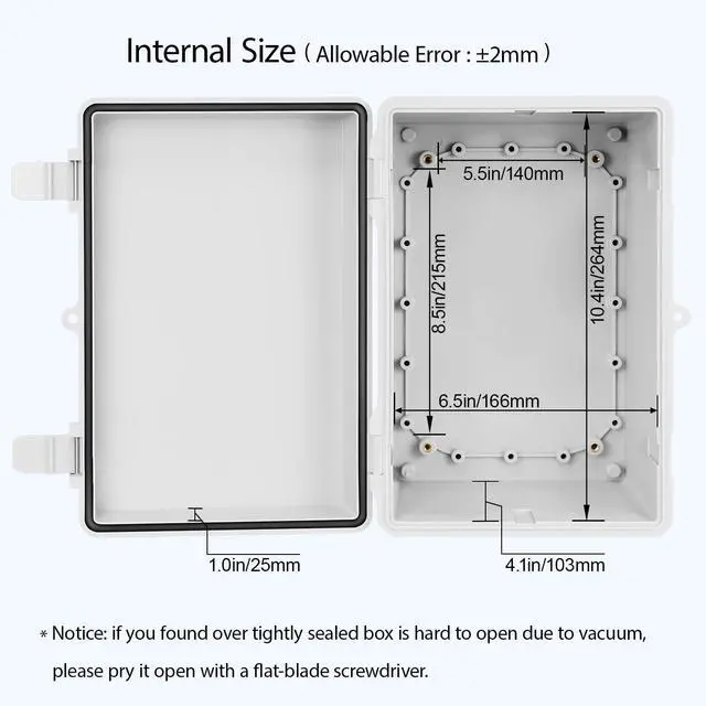 Alt view image 4 of 7 - Junction Box ABS Plastic IP65 Waterproof Dustproof Universal Electrical Enclosure, Hinged Shell Outdoor and Indoor Usage Project Box11.4"x 7.5" x 5.5"(290 x 190 x 140mm), Grey