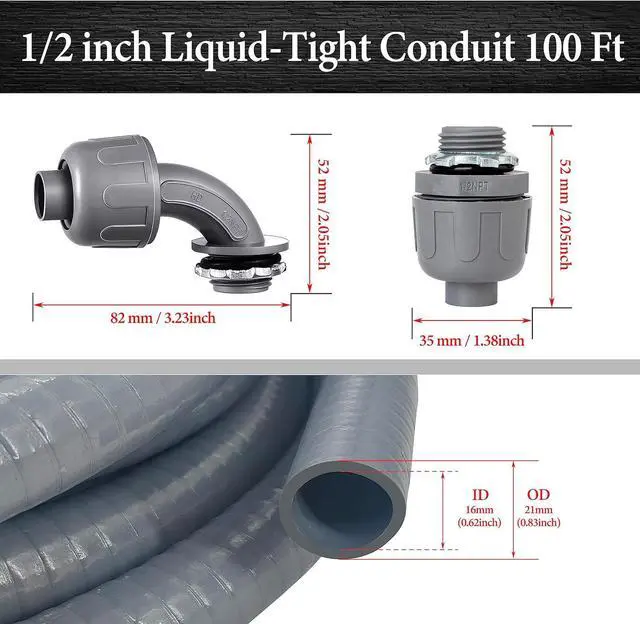 Alt view image 2 of 7 - Liquid-Tight Conduit - 1/2inch 100 Foot Flexible Non Metallic Liquid Tight Electrical Conduit Kit, with 6 Straight and 5 90-Degree Conduit Connector Fittings