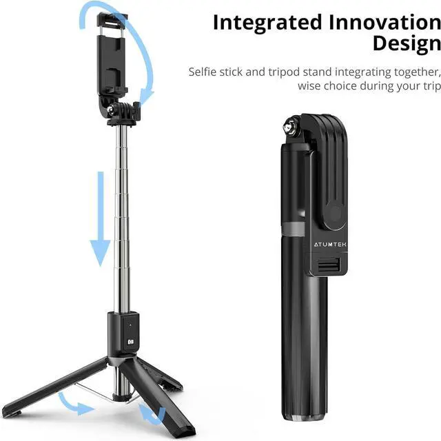Alt view image 2 of 7 - ATUMTEK 40" Selfie Stick Tripod, Extendable Bluetooth Selfie Stick with Wireless Remote for iPhone 13/12/12 Pro/11/11 Pro/XS/XR/X/8/7 Plus, Samsung, Google, LG, Sony, Huawei Smartphones, Black