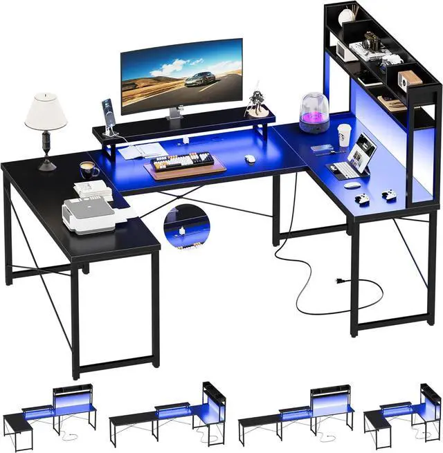 Main image of Unikito U Shaped Desk with Hutch, Reversible L Shaped Computer Desk with Power Outlets and LED Strip, Large Office Table with Monitor Stand, Large U Shape Gaming Desk, Black