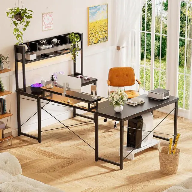 Alt view image 2 of 7 - Unikito U Shaped Desk with Hutch, Reversible L Shaped Computer Desk with Power Outlets and LED Strip, Large Office Table with Monitor Stand, Large U Shape Gaming Desk, Black
