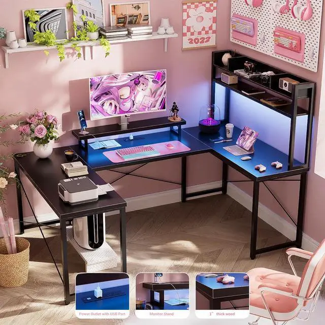 Alt view image 4 of 7 - Unikito U Shaped Desk with Hutch, Reversible L Shaped Computer Desk with Power Outlets and LED Strip, Large Office Table with Monitor Stand, Large U Shape Gaming Desk, Black