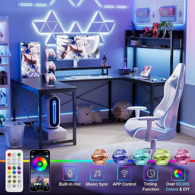 Alt view image 6 of 7 - Unikito U Shaped Desk with Hutch, Reversible L Shaped Computer Desk with Power Outlets and LED Strip, Large Office Table with Monitor Stand, Large U Shape Gaming Desk, Black