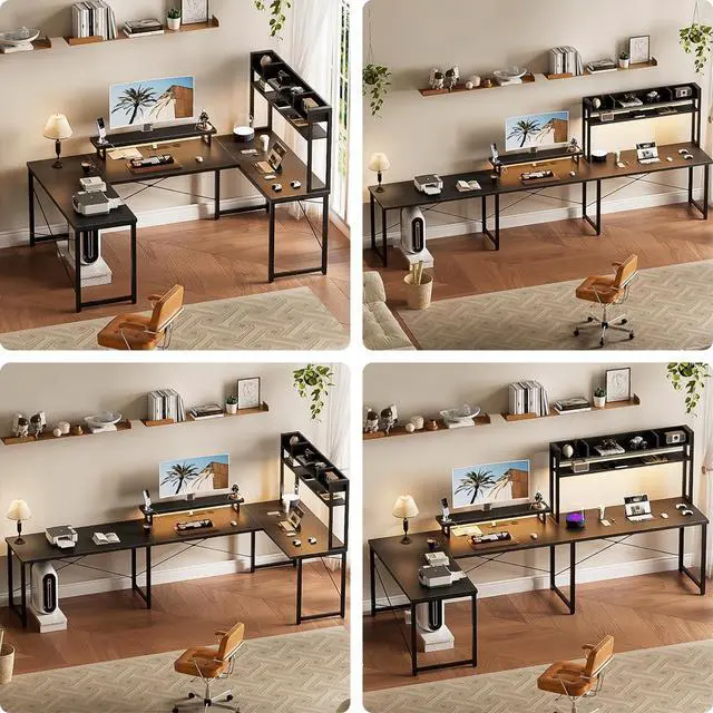 Alt view image 5 of 7 - Unikito U Shaped Desk with Hutch, Reversible L Shaped Computer Desk with Power Outlets and LED Strip, Large Office Table with Monitor Stand, Large U Shape Gaming Desk, Black