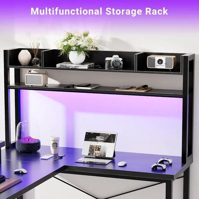 Alt view image 7 of 7 - Unikito U Shaped Desk with Hutch, Reversible L Shaped Computer Desk with Power Outlets and LED Strip, Large Office Table with Monitor Stand, Large U Shape Gaming Desk, Black