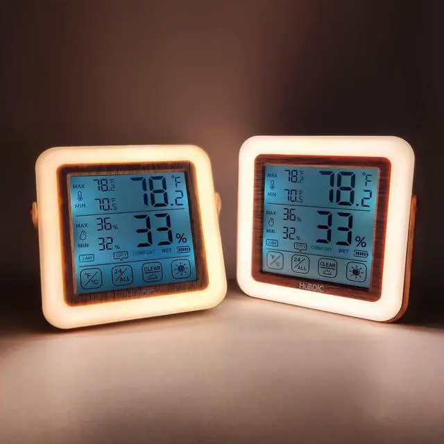 Alt view image 2 of 4 - HuBDIC Hygrometer with 3 Level Bright Nightlight, Indoor Thermometer and Humidity Gauge, Temperature and Humidity Monitor for Home and Baby Room, Rechargeable, Portable Nightlight