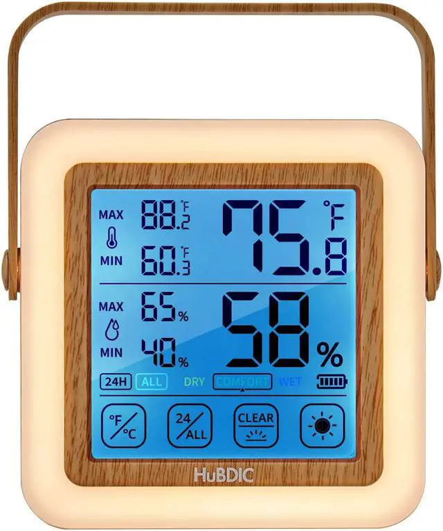 Alt view image 4 of 4 - HuBDIC Hygrometer with 3 Level Bright Nightlight, Indoor Thermometer and Humidity Gauge, Temperature and Humidity Monitor for Home and Baby Room, Rechargeable, Portable Nightlight Light Wood