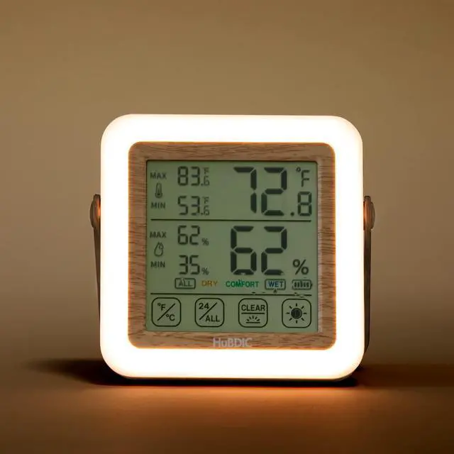 Main image of HuBDIC Hygrometer with 3 Level Bright Nightlight, Indoor Thermometer and Humidity Gauge, Temperature and Humidity Monitor for Home and Baby Room, Rechargeable, Portable Nightlight Light Wood