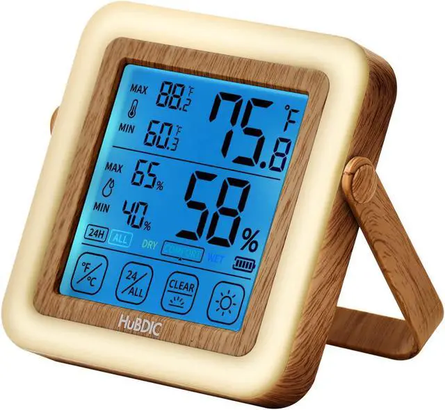 Alt view image 3 of 4 - HuBDIC Hygrometer with 3 Level Bright Nightlight, Indoor Thermometer and Humidity Gauge, Temperature and Humidity Monitor for Home and Baby Room, Rechargeable, Portable Nightlight Light Wood