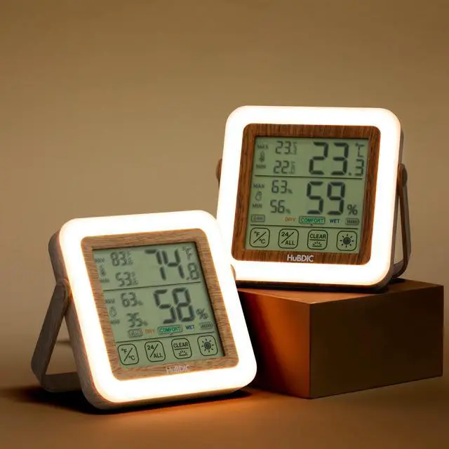 Alt view image 2 of 4 - HuBDIC Hygrometer with 3 Level Bright Nightlight, Indoor Thermometer and Humidity Gauge, Temperature and Humidity Monitor for Home and Baby Room, Rechargeable, Portable Nightlight Light Wood