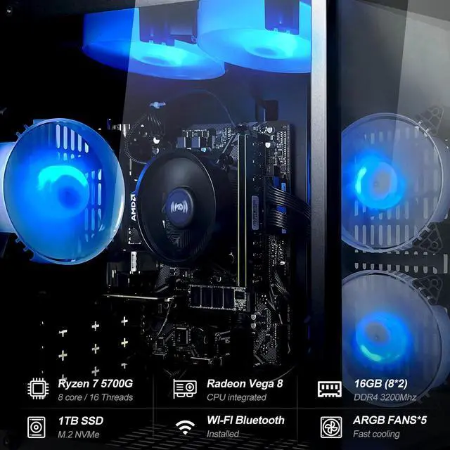 Alt view image 7 of 7 - Gaming Desktop PC AMD Ryzen 7 5700G Radeon Vega graphics,16GB Ram 1TB SSD,WIFI BT ARGB Fans Win 11 Pro