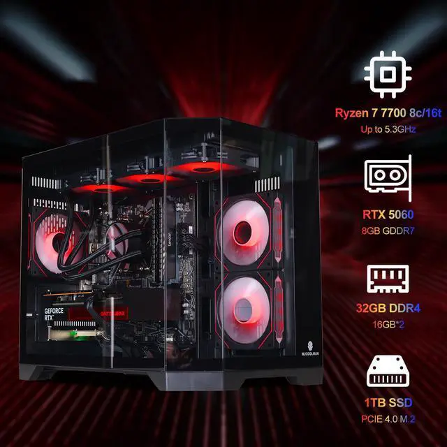 Alt view image 2 of 7 - ICEWOLF Gaming Desktop PC , Ryzen7 7700, Geforce RTX 5060 ,B650M 32GB DDR5 1TB NVMe SSD, 650W GOLD PSU, Wi-Fi,Liquid Cooler,ARGB Fans , Windows 11 ,Prebuilt Gaming Pc New compute