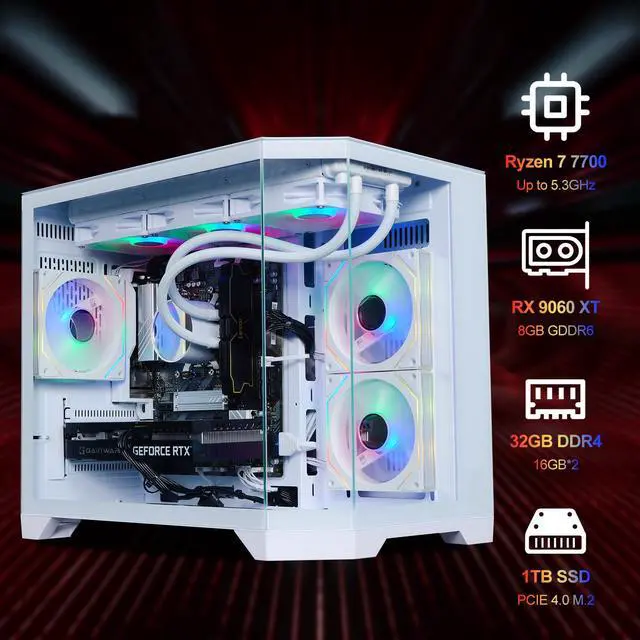 Alt view image 2 of 7 - ICEWOLF Gaming Desktop PC -AMD Ryzen7 7700-AMD RX9060XT-B650M 32GB DDR5-1TB NVMe SSD-650W  PSU-Wi-Fi-Liquid Cooler-ARGB Fans -Windows 11-Prebuilt Gaming Pc-New compute