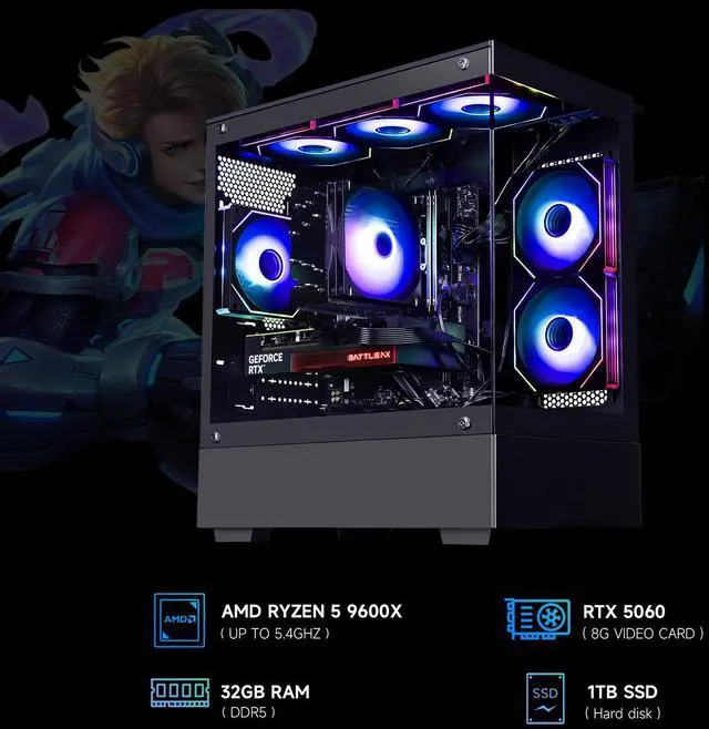 Alt view image 2 of 7 - ICEWOLF Gaming Desktop PC,AMD Ryzen5 9600X,Geforce RTX 5060 8G,16GB DDR5,1TB NVMe SSD,Wi-Fi,Windows 11 Home,Black Prebuilt Pc Computer