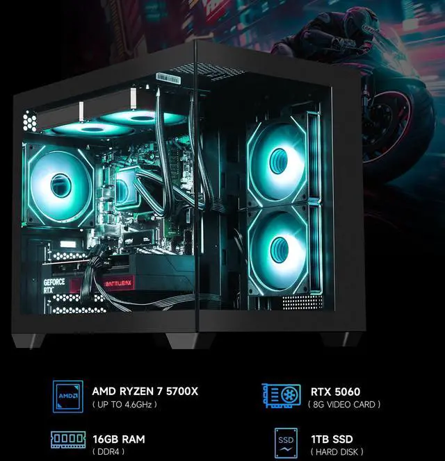 Alt view image 2 of 7 - ICEWOLF Gaming Desktop PC, Ryzen7 5700X, Geforce RTX 5060 8G , 16GB DDR4,1TB NVMe SSD,550W PSU, Liquid Cooler,Wi-Fi,ARGB Fans , Windows 11 ,Prebuilt Gaming Pc New compute