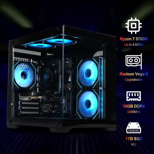 Alt view image 3 of 7 - Gaming desktop PC - AMD Ryzen 7 5700G 8 core 3.8GHz(up to 4.6GHz) - 16GB DDR4 3200MHz - 1T M.2 NVMe - Windows 11 pro - WIFI -Prebuilt Gaming pc computer