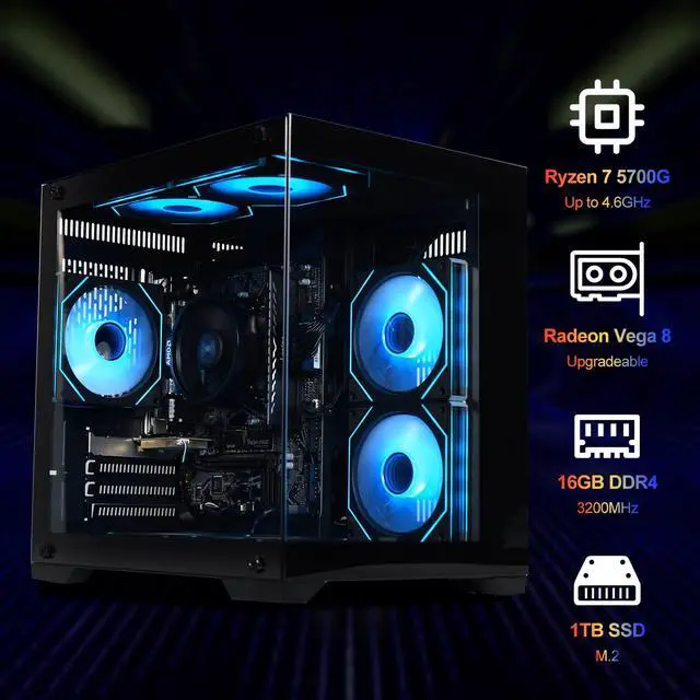 Alt view image 4 of 7 - Gaming desktop PC AMD Ryzen 7 5700G 8 core 3.8GHz(up to 4.6GHz) - 16GB DDR4 3200MHz - 1T M.2 NVMe - Windows 11 pro - WIFI -Prebuilt Gaming pc compute
